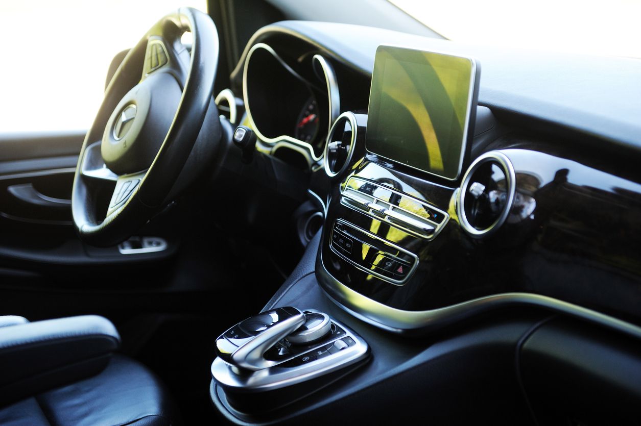 Mercedes-Benz V-class, view of the dashboard. Photographing a modern car parked.