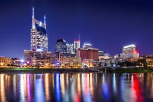 Nashville, Tennessee, USA downtown skyline on the Cumberland River.
