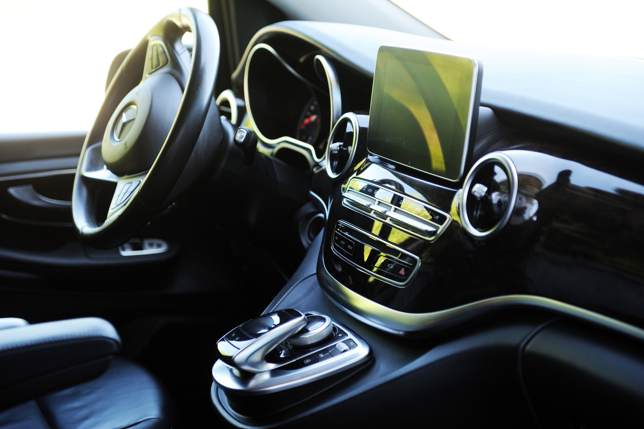 Mercedes-Benz V-class, view of the dashboard. Photographing a modern car parked.