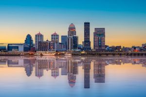 Louisville, KY Skyline reflecting into lake