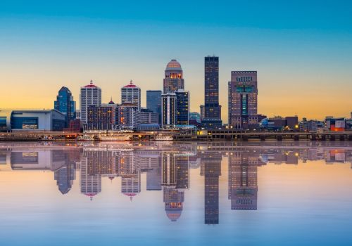 Louisville, KY Skyline reflecting into lake